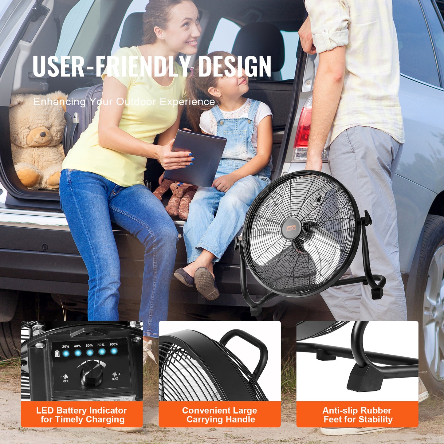 VEVOR 16'' Cordless Fan – Portable, Quiet, High-Velocity with 360° Pivot & Stepless Speed.