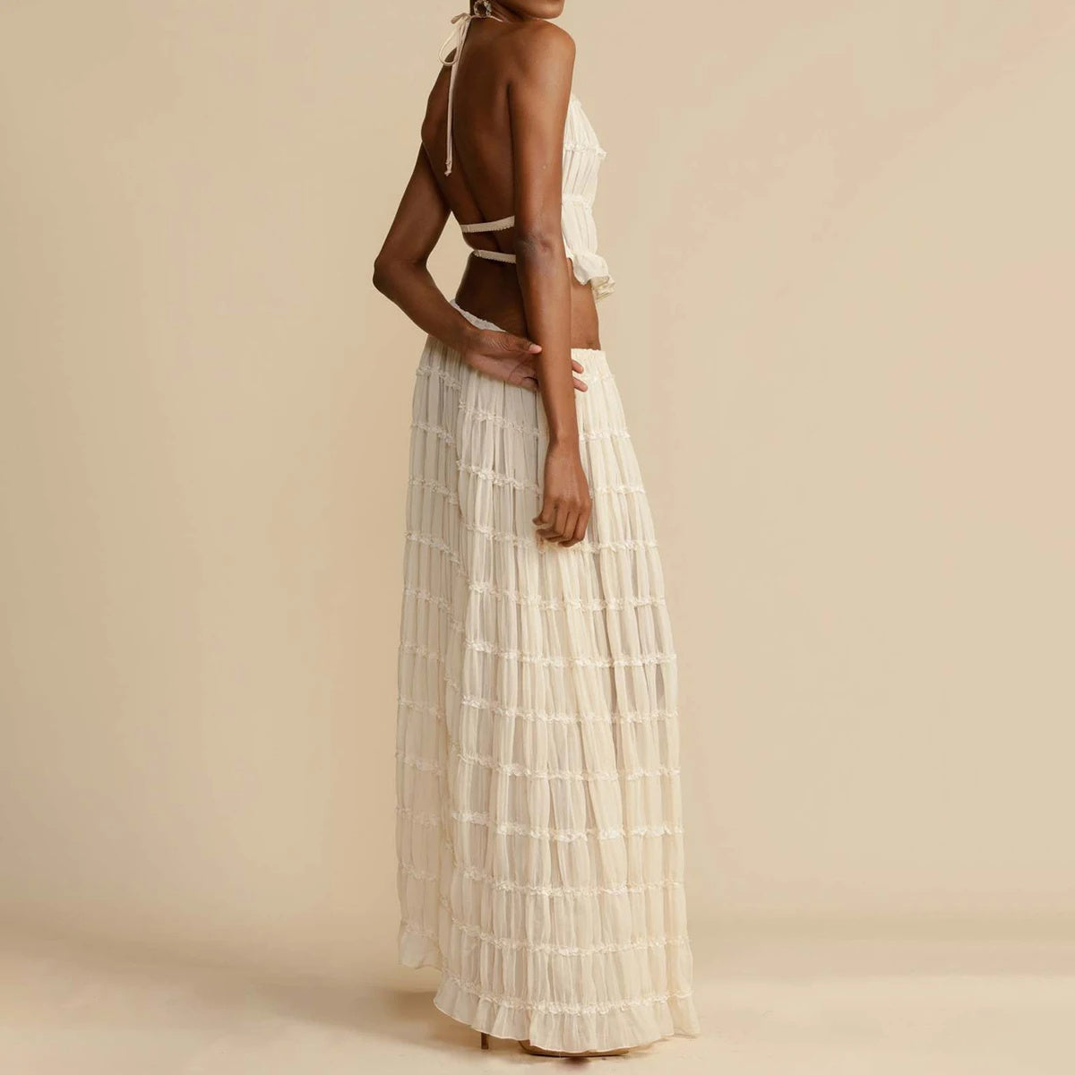 2-Piece Sleeveless Backless Halter Top And Pleated Long Skirt