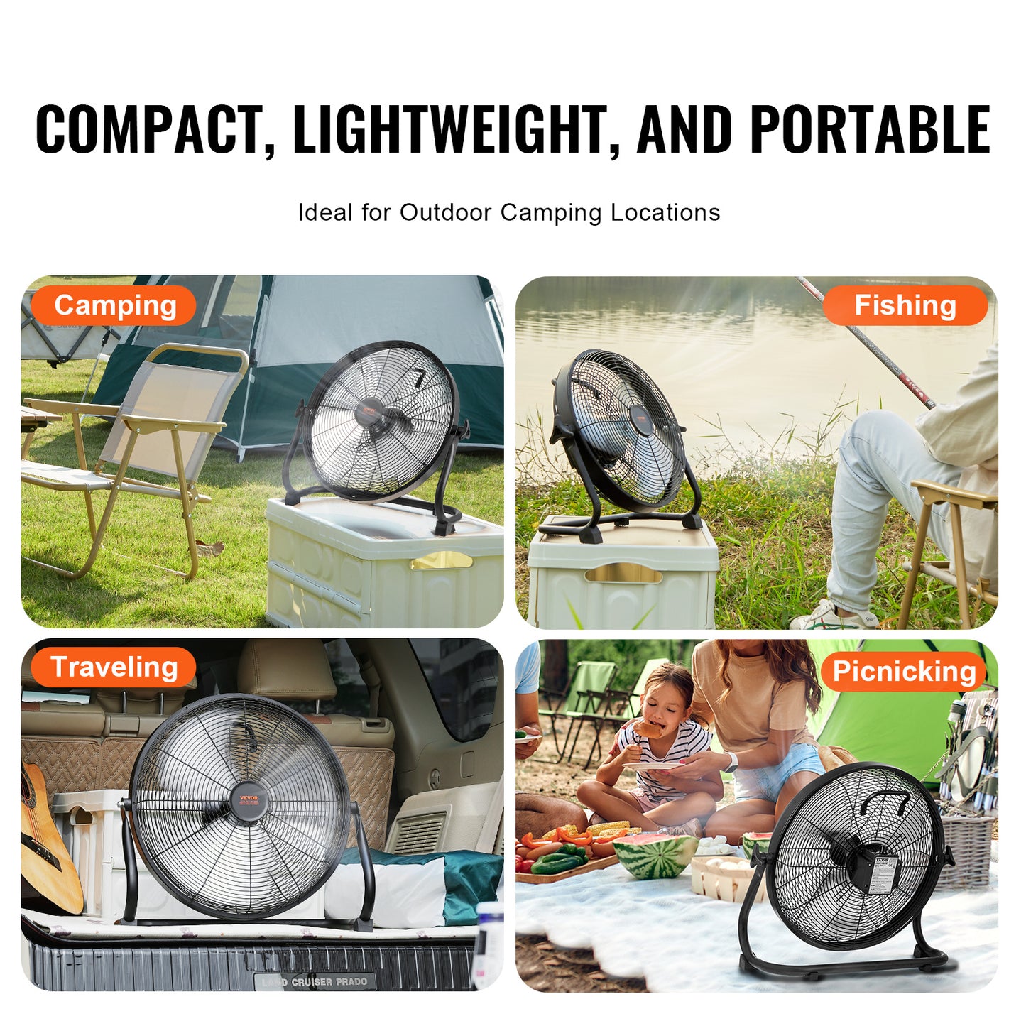 VEVOR 16'' Cordless Fan – Portable, Quiet, High-Velocity with 360° Pivot & Stepless Speed.