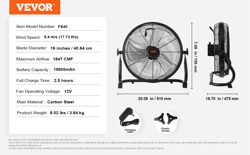 VEVOR 16'' Cordless Fan – Portable, Quiet, High-Velocity with 360° Pivot & Stepless Speed.