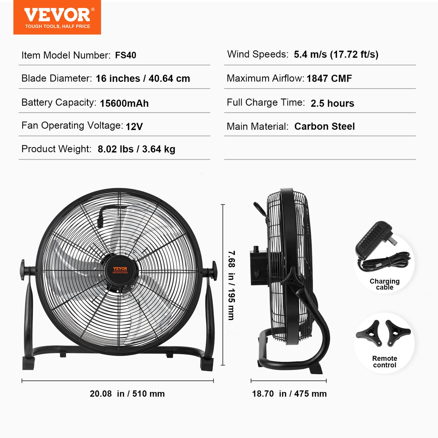 VEVOR 16'' Cordless Fan – Portable, Quiet, High-Velocity with 360° Pivot & Stepless Speed.