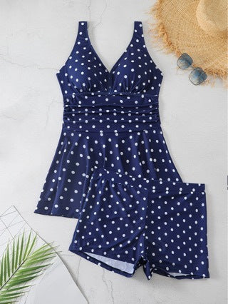 Women's Polka Dot Print Plus Size Skirt Bikini Split Swimsuit