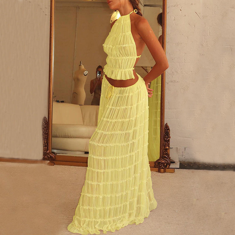 2-Piece Sleeveless Backless Halter Top And Pleated Long Skirt