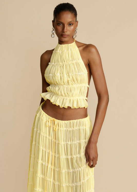 2-Piece Sleeveless Backless Halter Top And Pleated Long Skirt