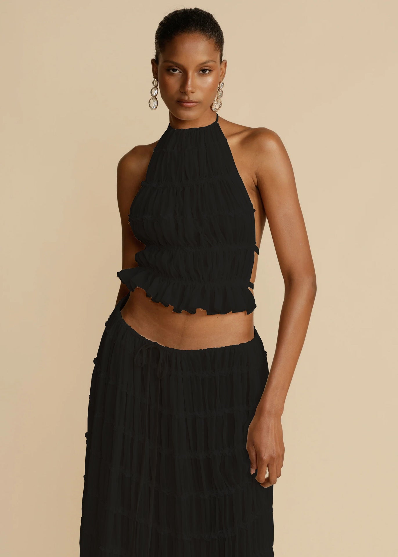 2-Piece Sleeveless Backless Halter Top And Pleated Long Skirt