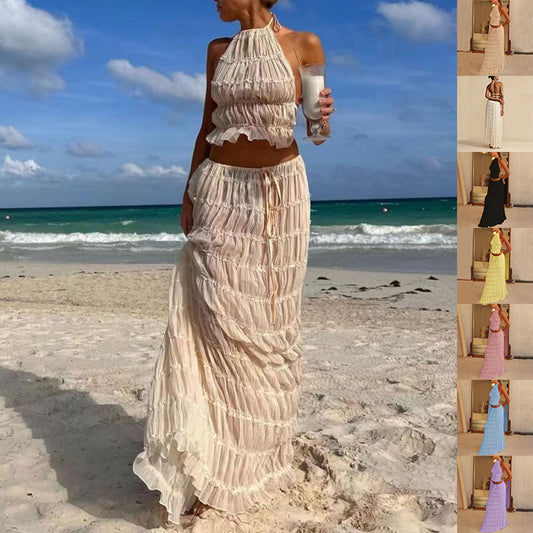 2-Piece Sleeveless Backless Halter Top And Pleated Long Skirt