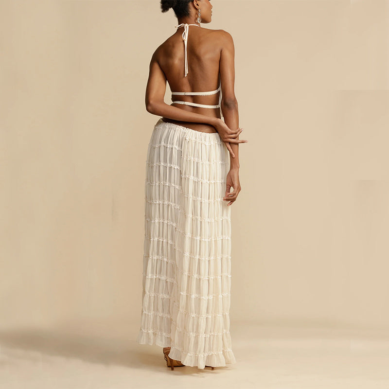 2-Piece Sleeveless Backless Halter Top And Pleated Long Skirt