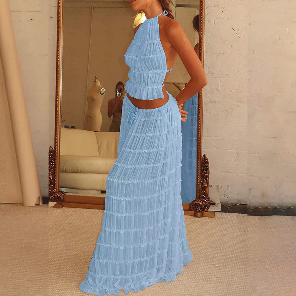 2-Piece Sleeveless Backless Halter Top And Pleated Long Skirt