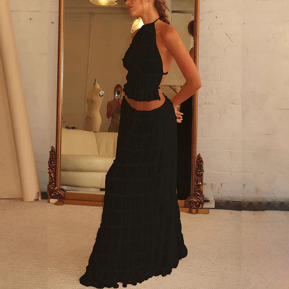 2-Piece Sleeveless Backless Halter Top And Pleated Long Skirt