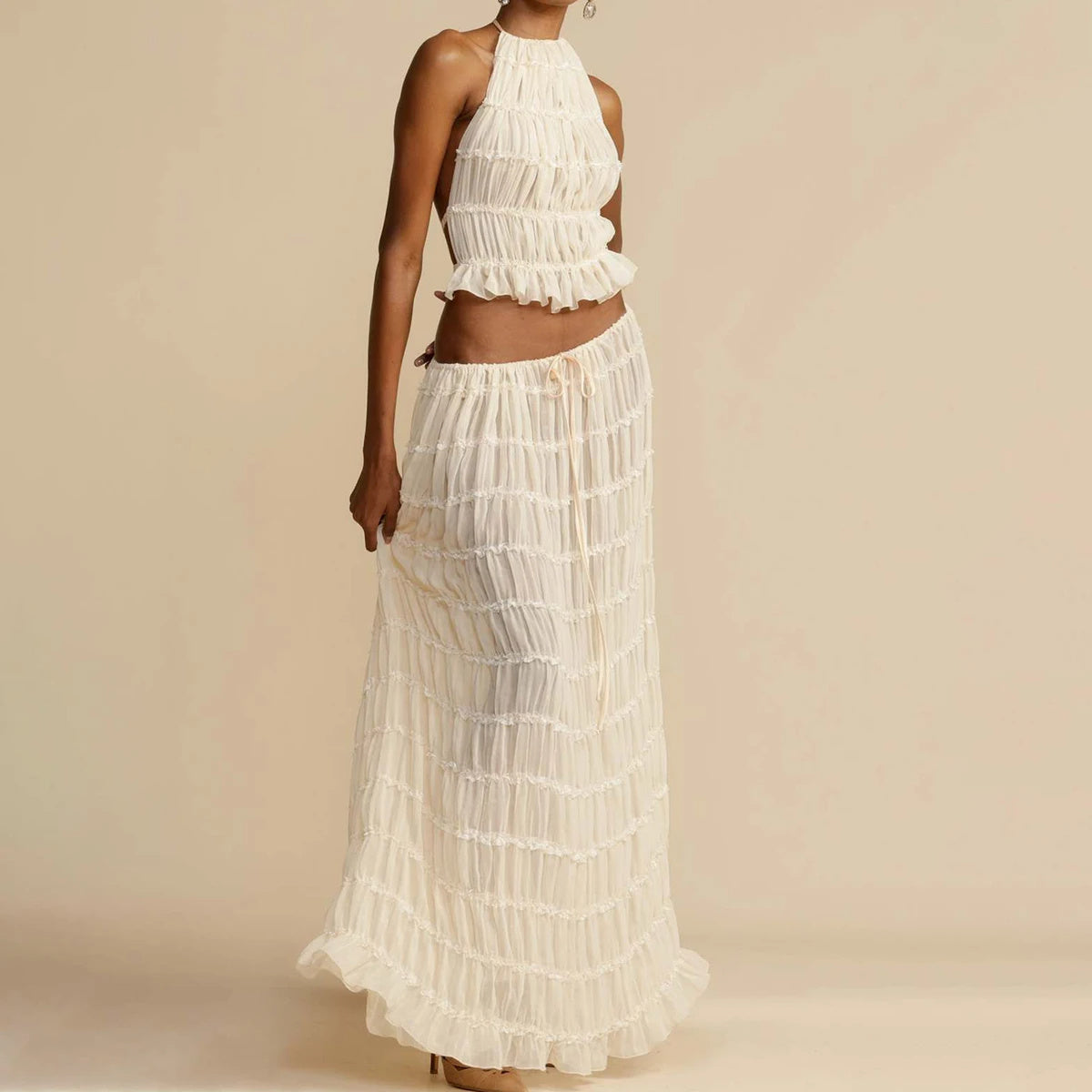 2-Piece Sleeveless Backless Halter Top And Pleated Long Skirt
