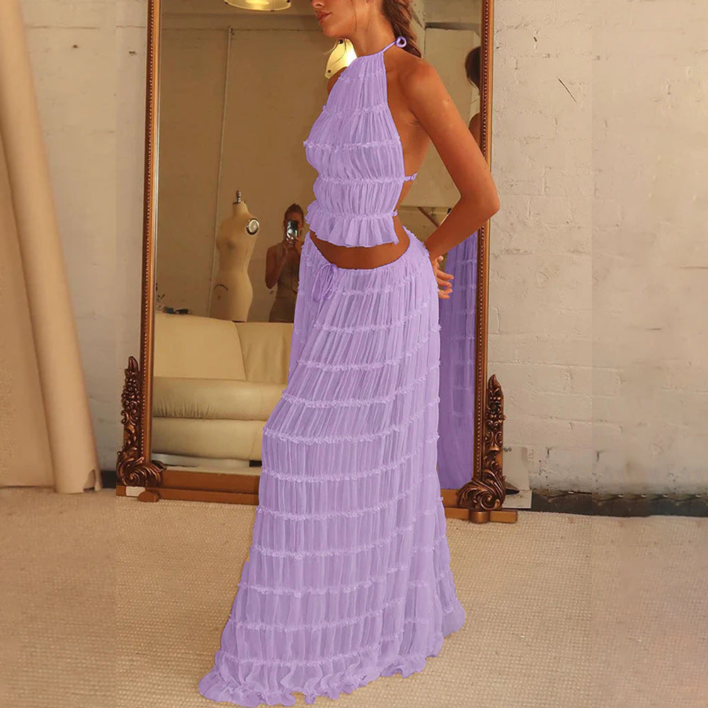 2-Piece Sleeveless Backless Halter Top And Pleated Long Skirt