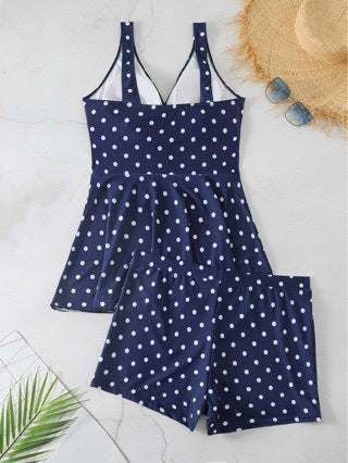 Women's Polka Dot Print Plus Size Skirt Bikini Split Swimsuit
