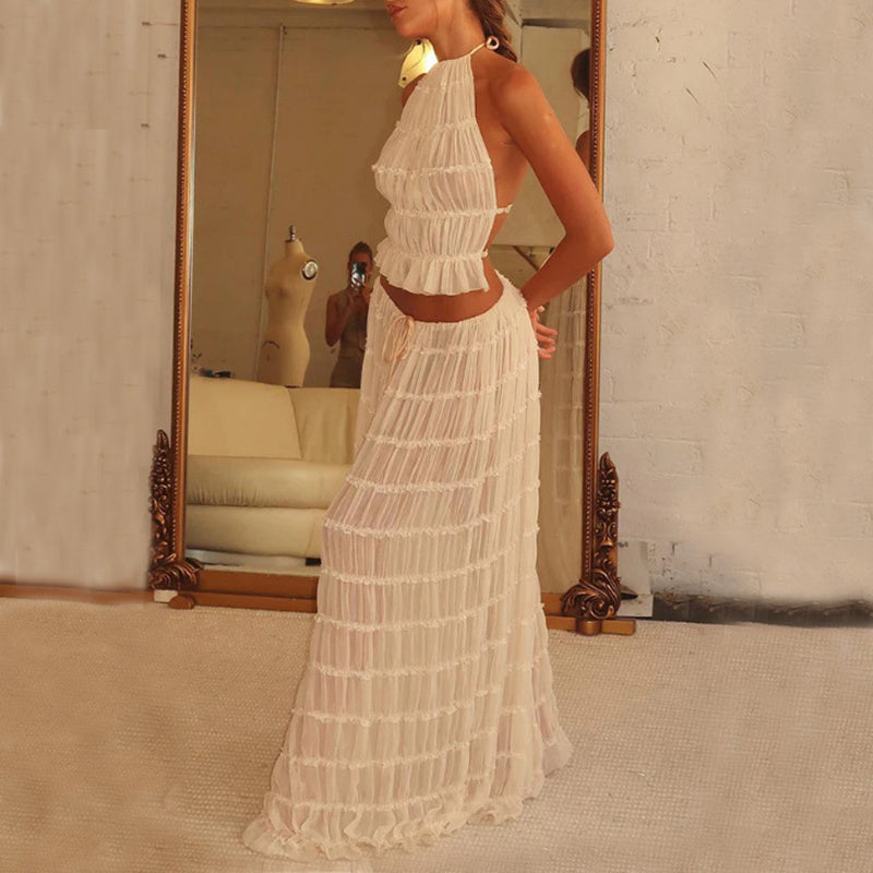 2-Piece Sleeveless Backless Halter Top And Pleated Long Skirt
