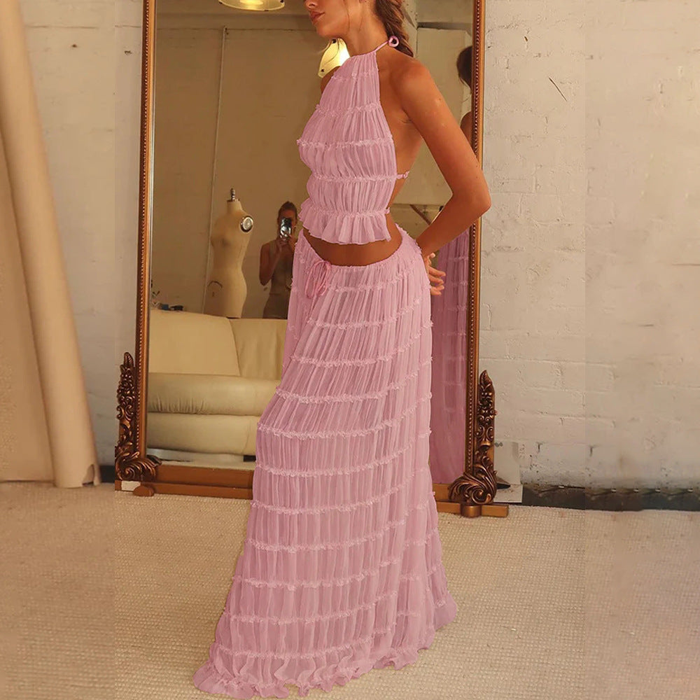 2-Piece Sleeveless Backless Halter Top And Pleated Long Skirt